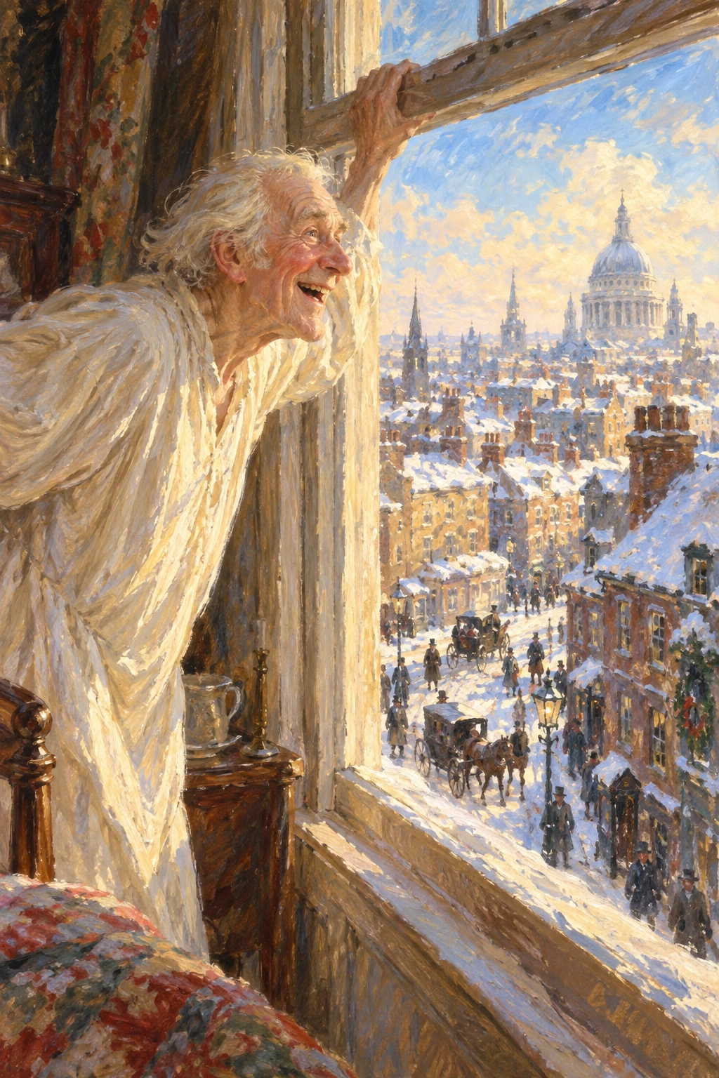 Scrooge opens his window with delight on a bright Christmas morning.