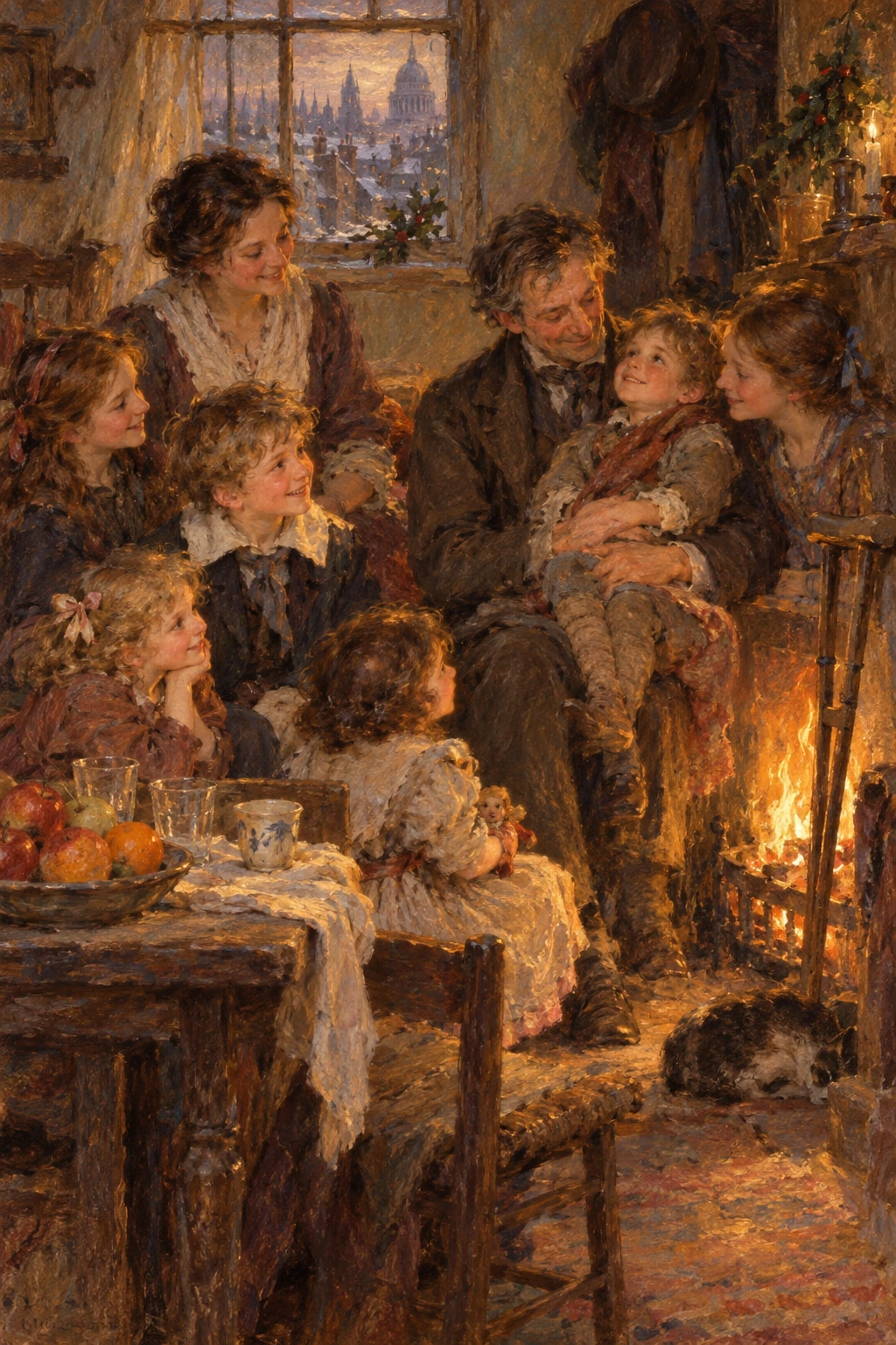 The Cratchit family gathers around a warm hearth.