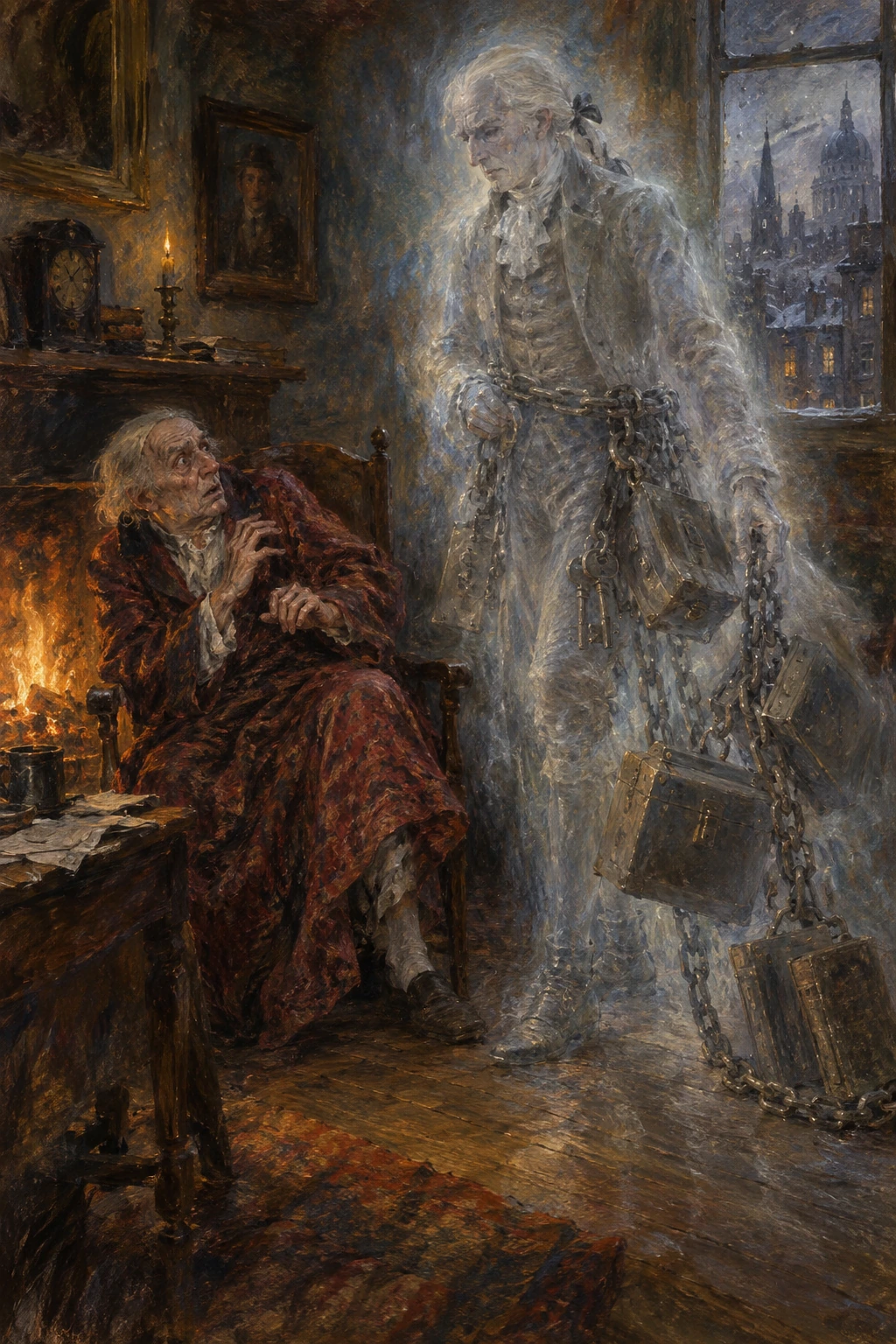 Scrooge recoils from the translucent, chained figure of Marley.