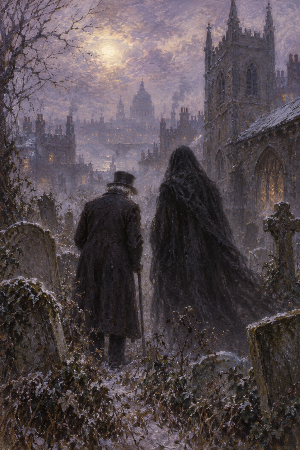 Scrooge and a shrouded figure stand among overgrown gravestones.