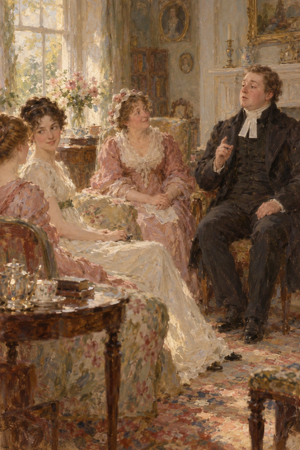 A solemn young clergyman addresses Mrs Bennet while Elizabeth exchanges an amused glance with her sister.