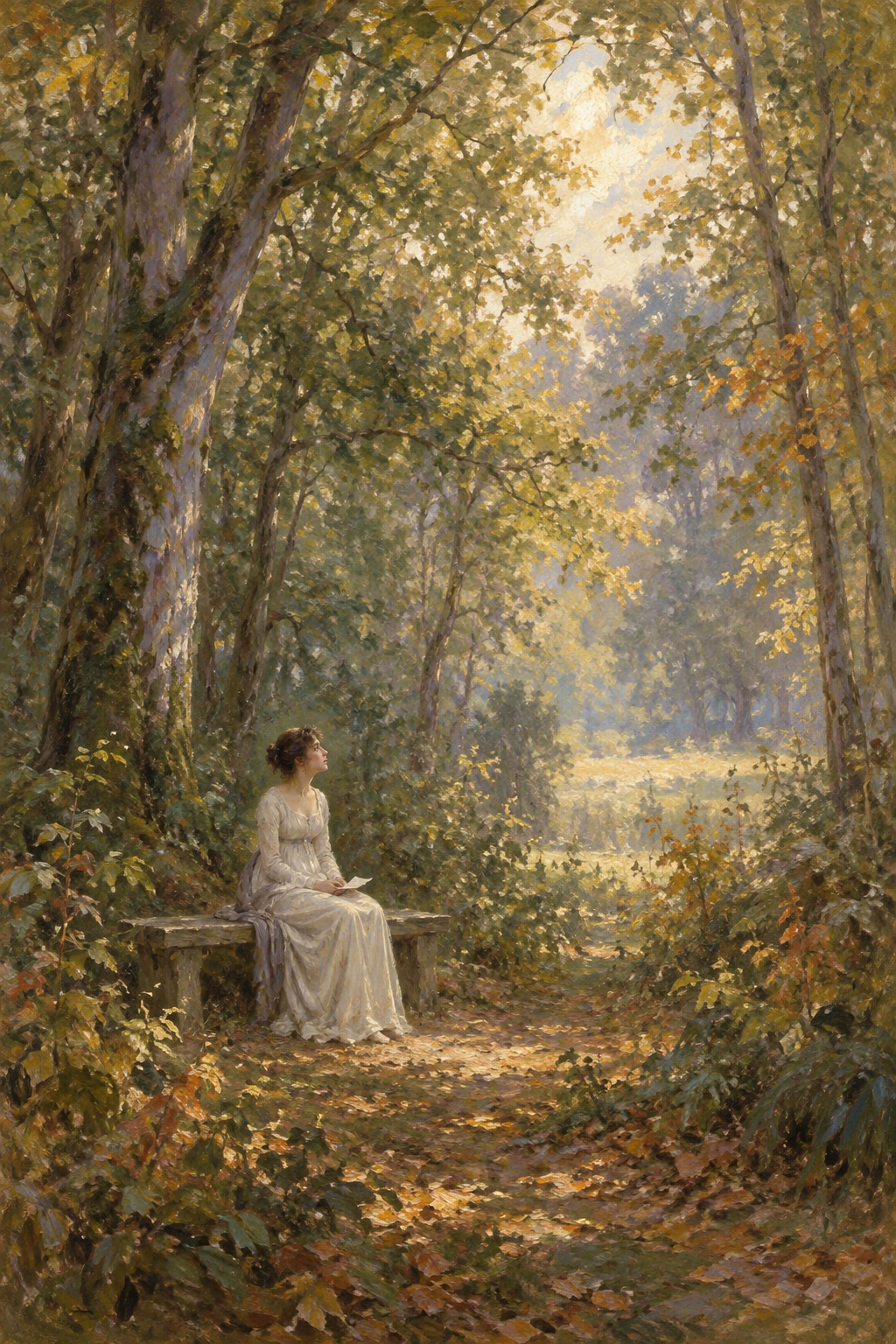 A small seated Elizabeth looks into the light between trees, with her aunt's letter resting in her lap.