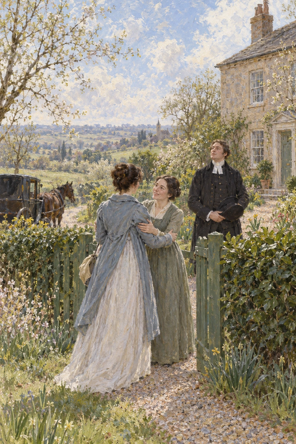 Charlotte welcomes Elizabeth at a green garden gate, with Mr Collins behind them and a carriage in the spring landscape.