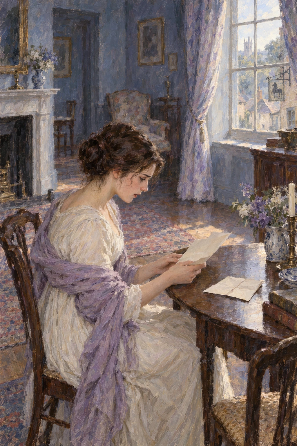 Elizabeth leans over a letter in a blue-violet inn sitting room, with another folded sheet on the table.