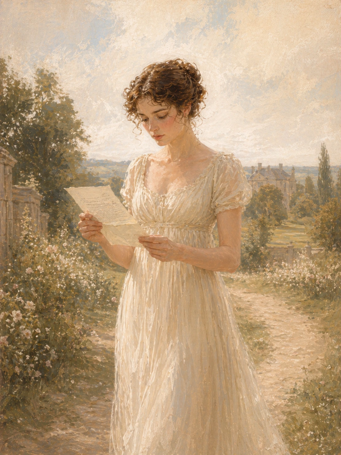 Elizabeth alone outdoors, reading a letter in a quiet garden.
