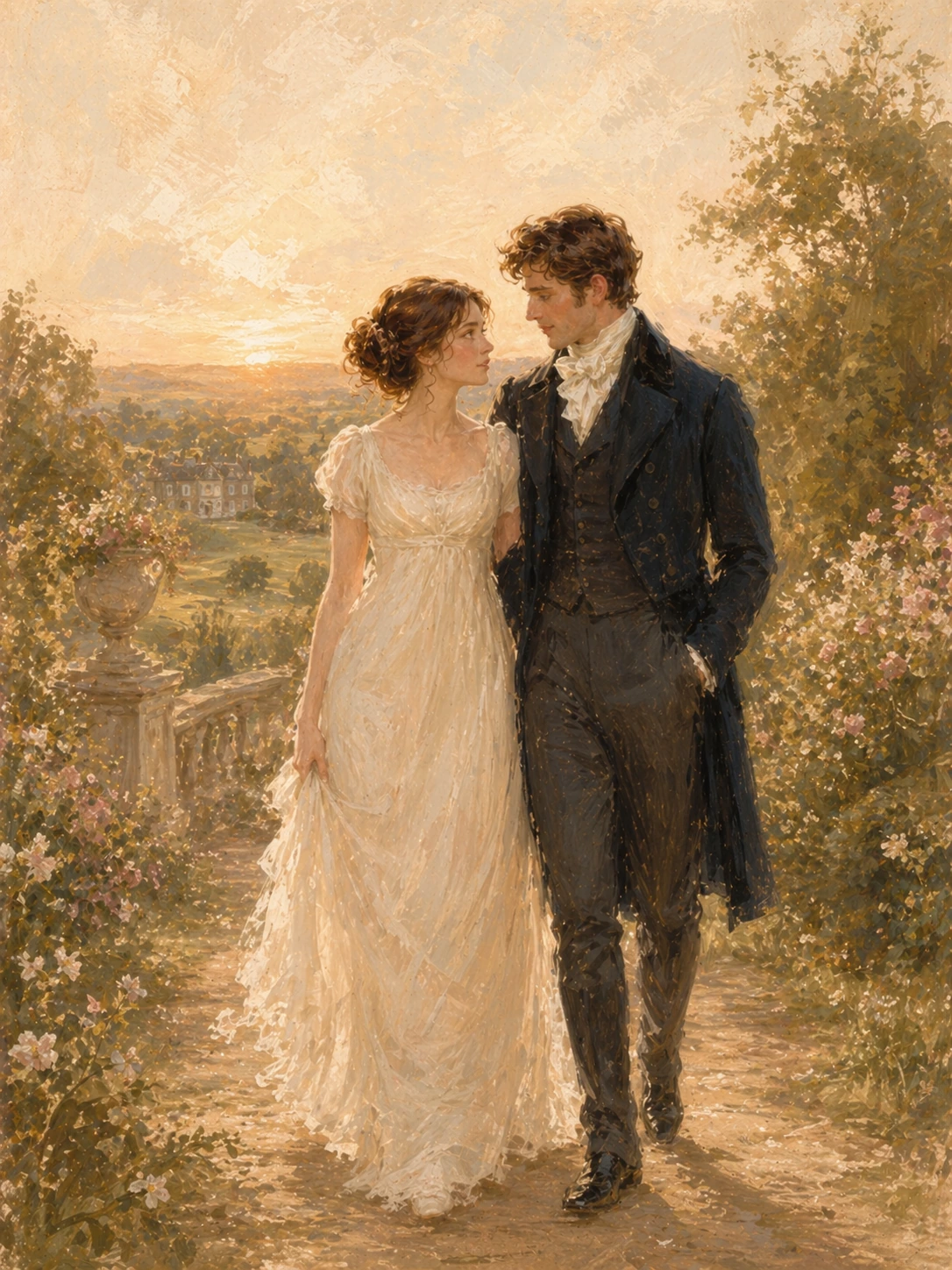 Elizabeth and Darcy walking closely together through a warmly lit garden.