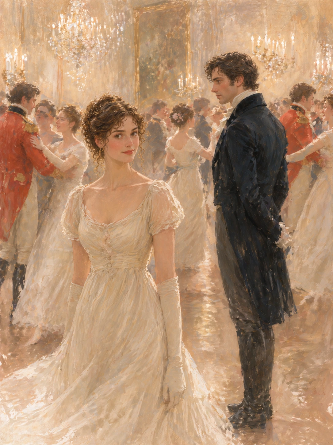 Elizabeth and Darcy standing apart in a crowded candlelit ballroom, with red-coated officers among the guests.