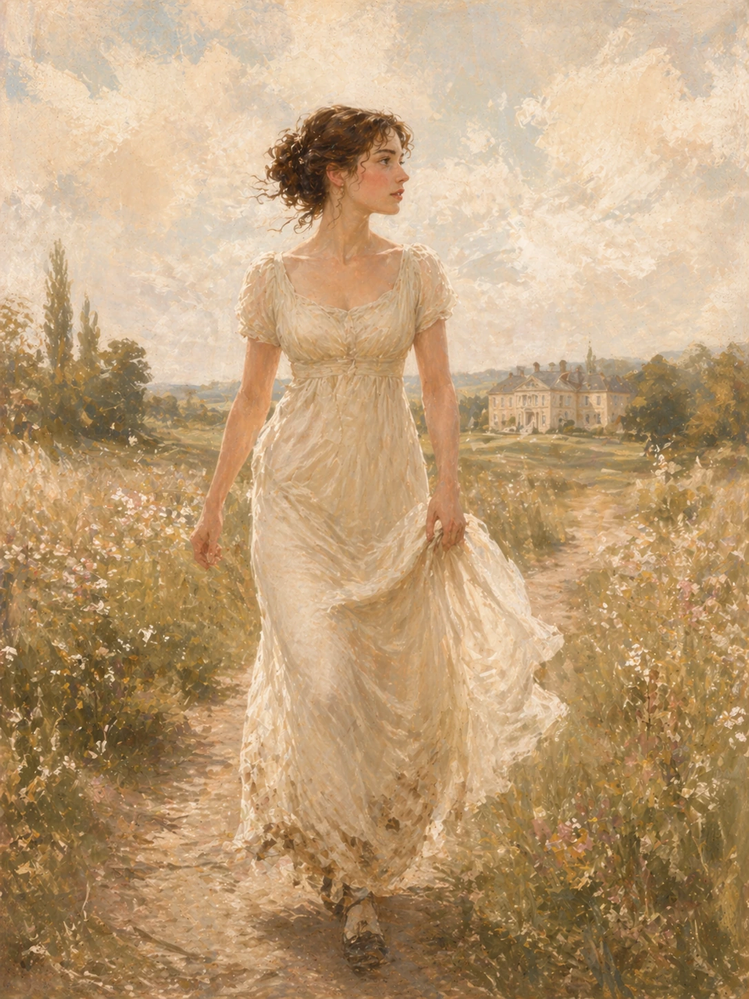 Elizabeth in a flowing cream dress on a sunlit country path, with flowers and a distant manor behind her.
