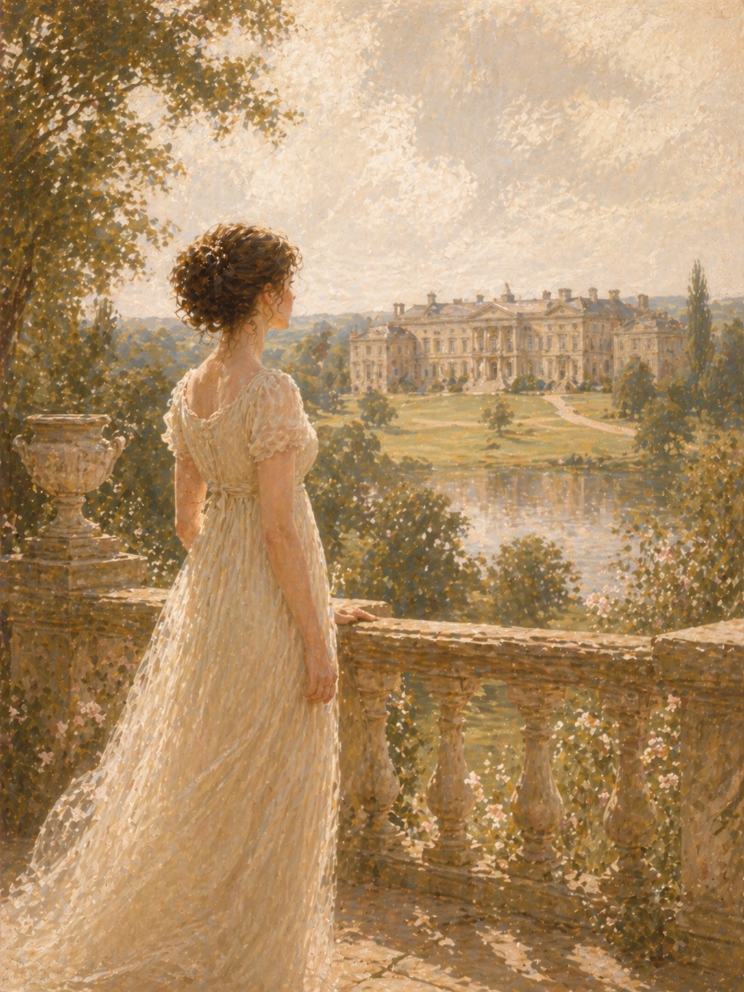 Elizabeth looking towards a country house and its wooded grounds from a terrace.