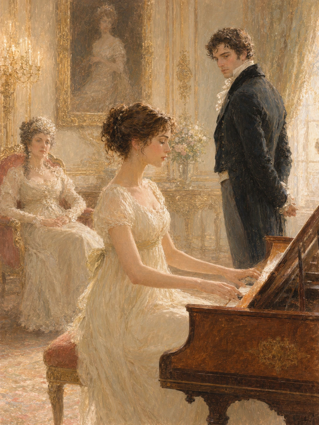 Elizabeth at the pianoforte, Darcy standing nearby, with Lady Catherine seated in the room.