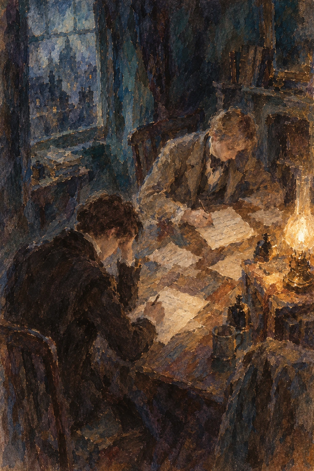 Pip and Herbert writing separate lists of debts.