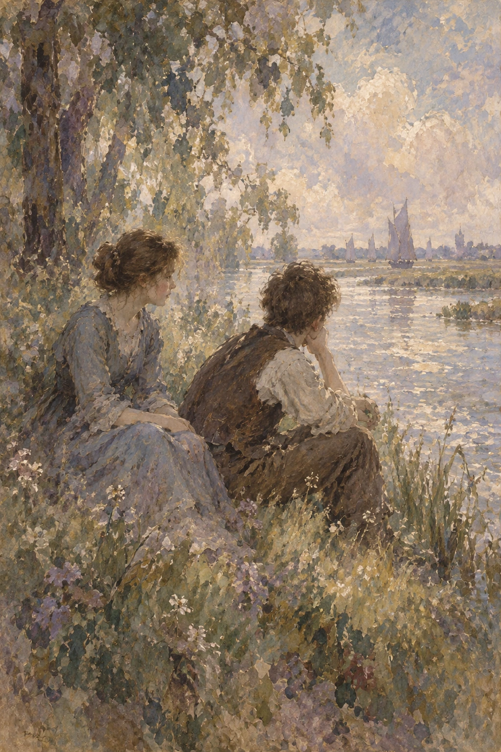 Biddy and Pip seated beside a quiet summer river.