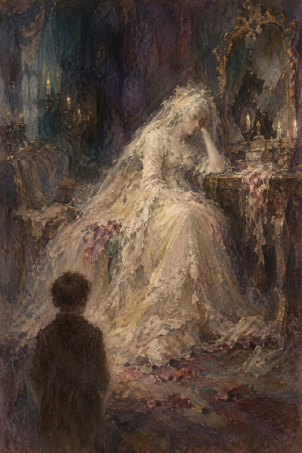 Miss Havisham in faded bridal clothes at her candlelit dressing table.