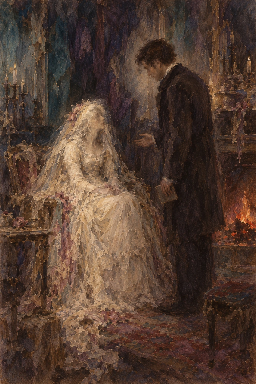 Adult Pip speaking gently to a seated Miss Havisham.