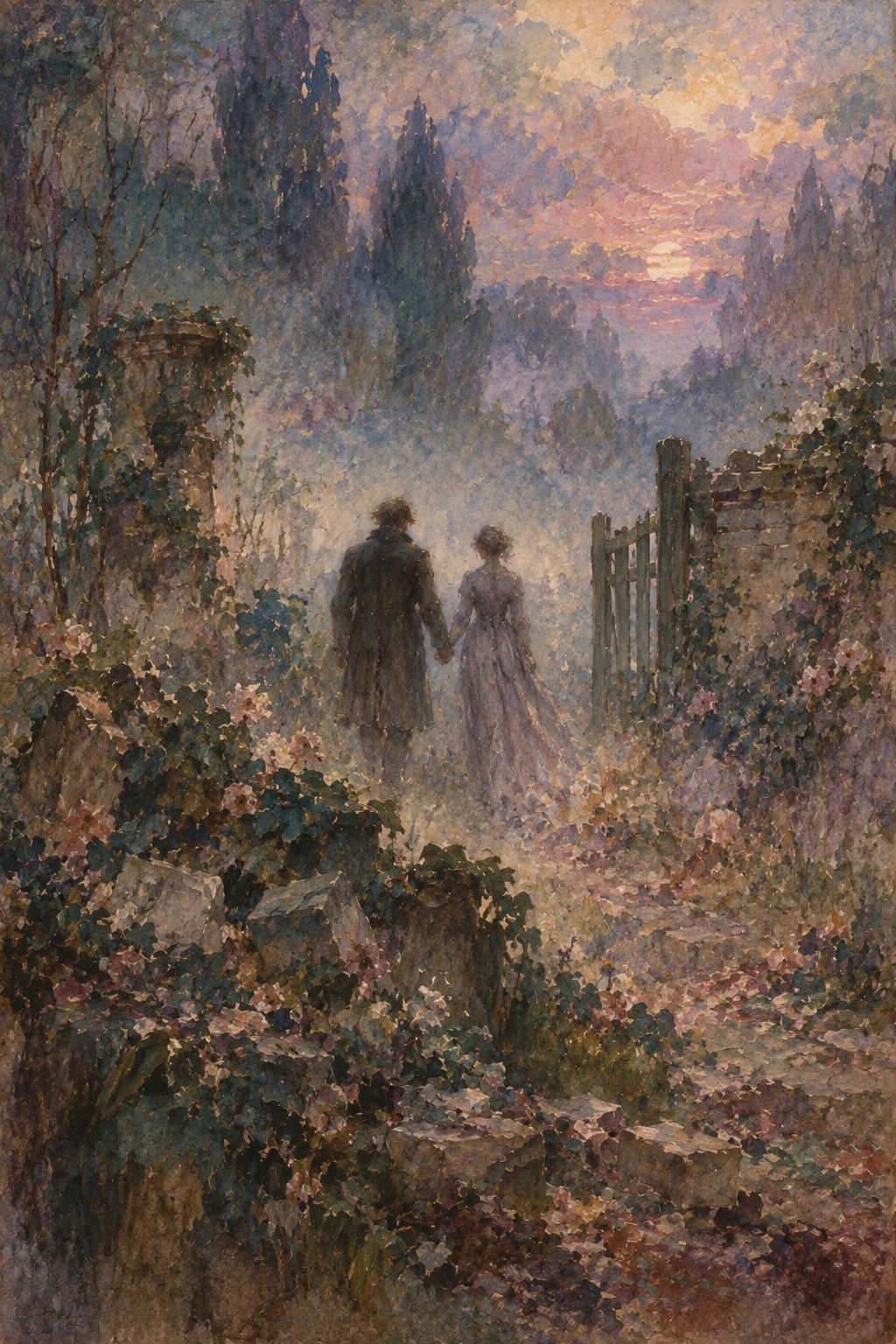 Pip and Estella leaving the ruined garden through evening mist.