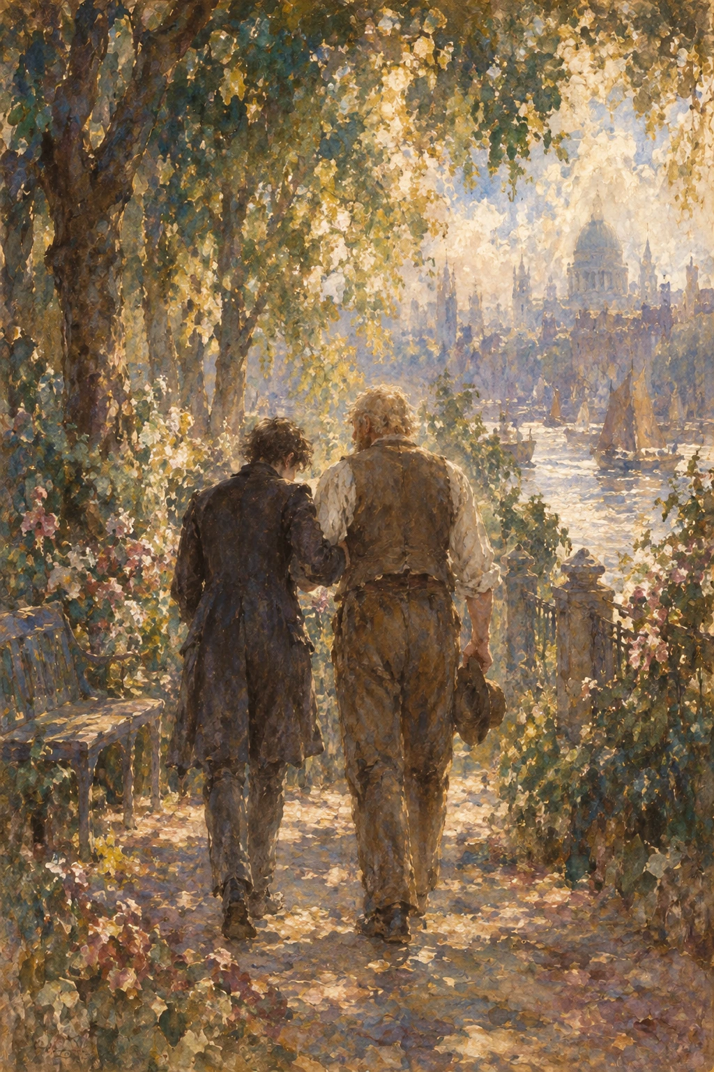 Convalescent Pip leaning on Joe’s arm in sunlit gardens.