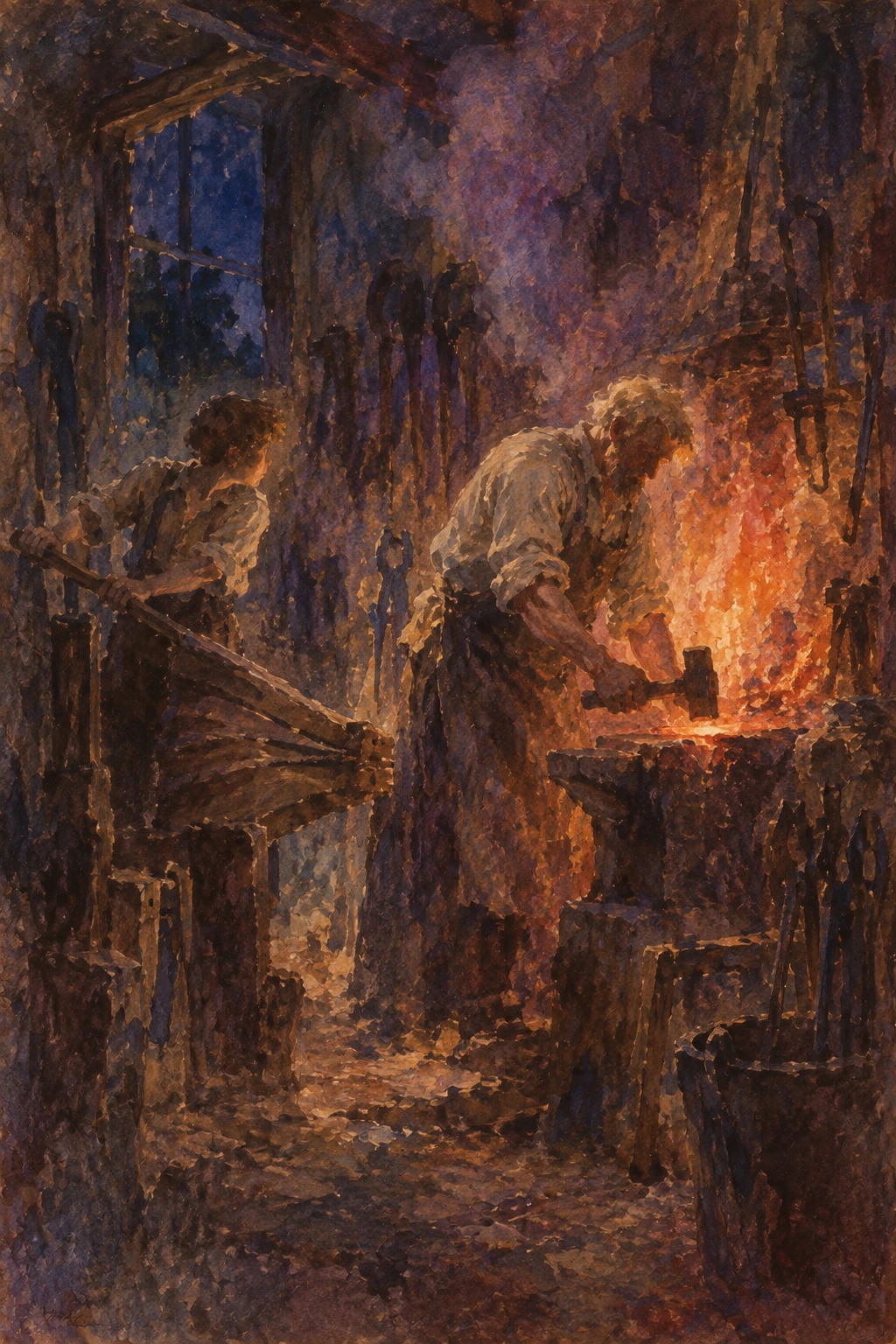 Pip working the bellows beside Joe in the glowing forge.
