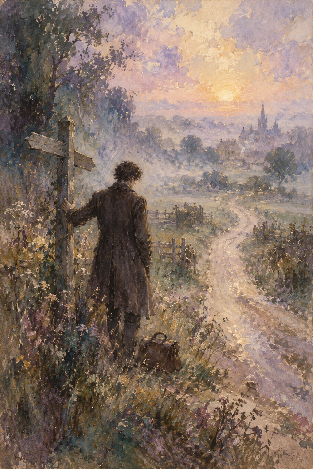 Pip beside a village finger-post as the morning mists rise.