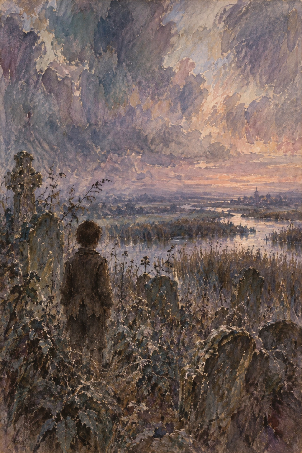 Young Pip in a marsh churchyard beneath a vast violet sky.