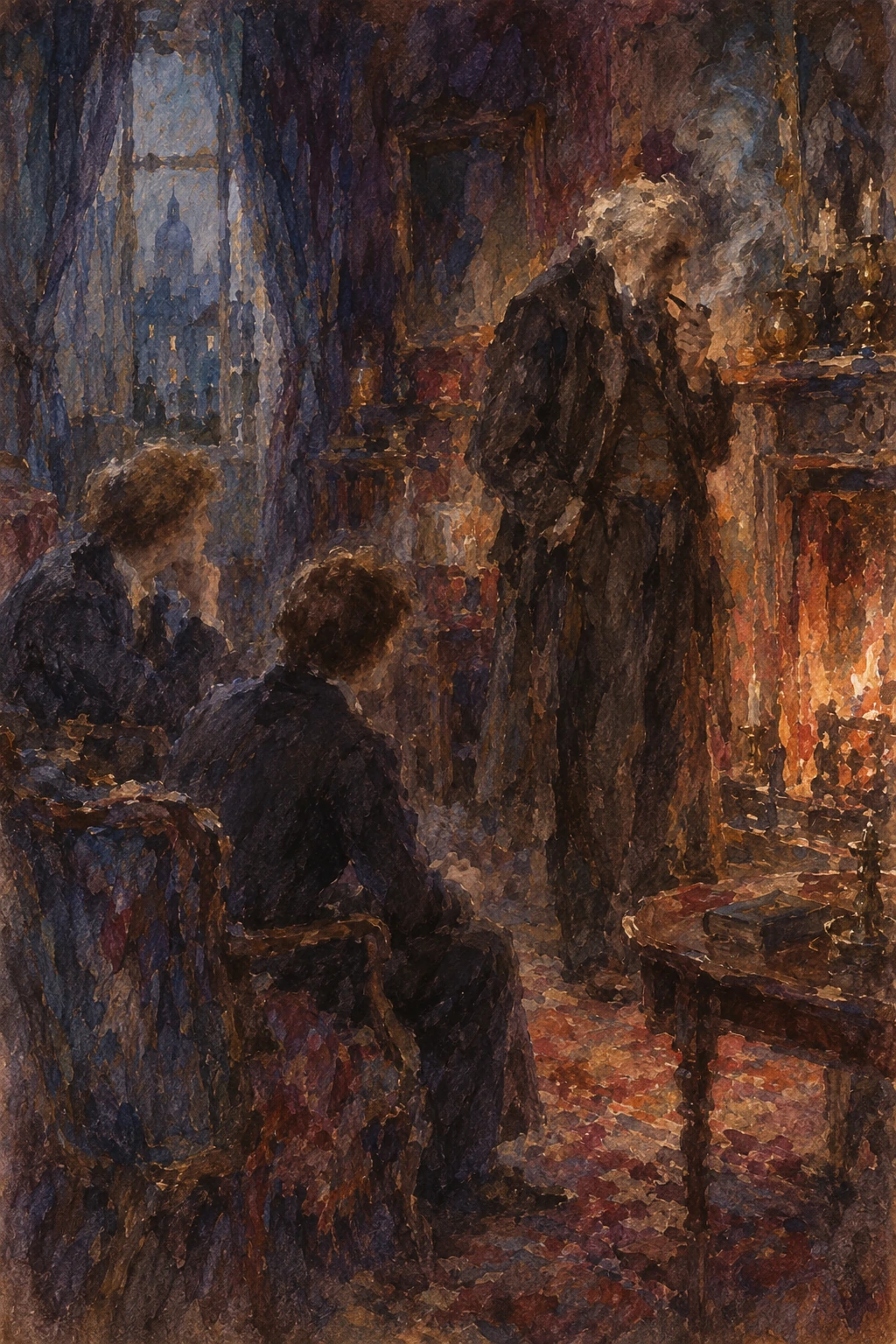 Provis standing by the fire as Pip and Herbert listen.