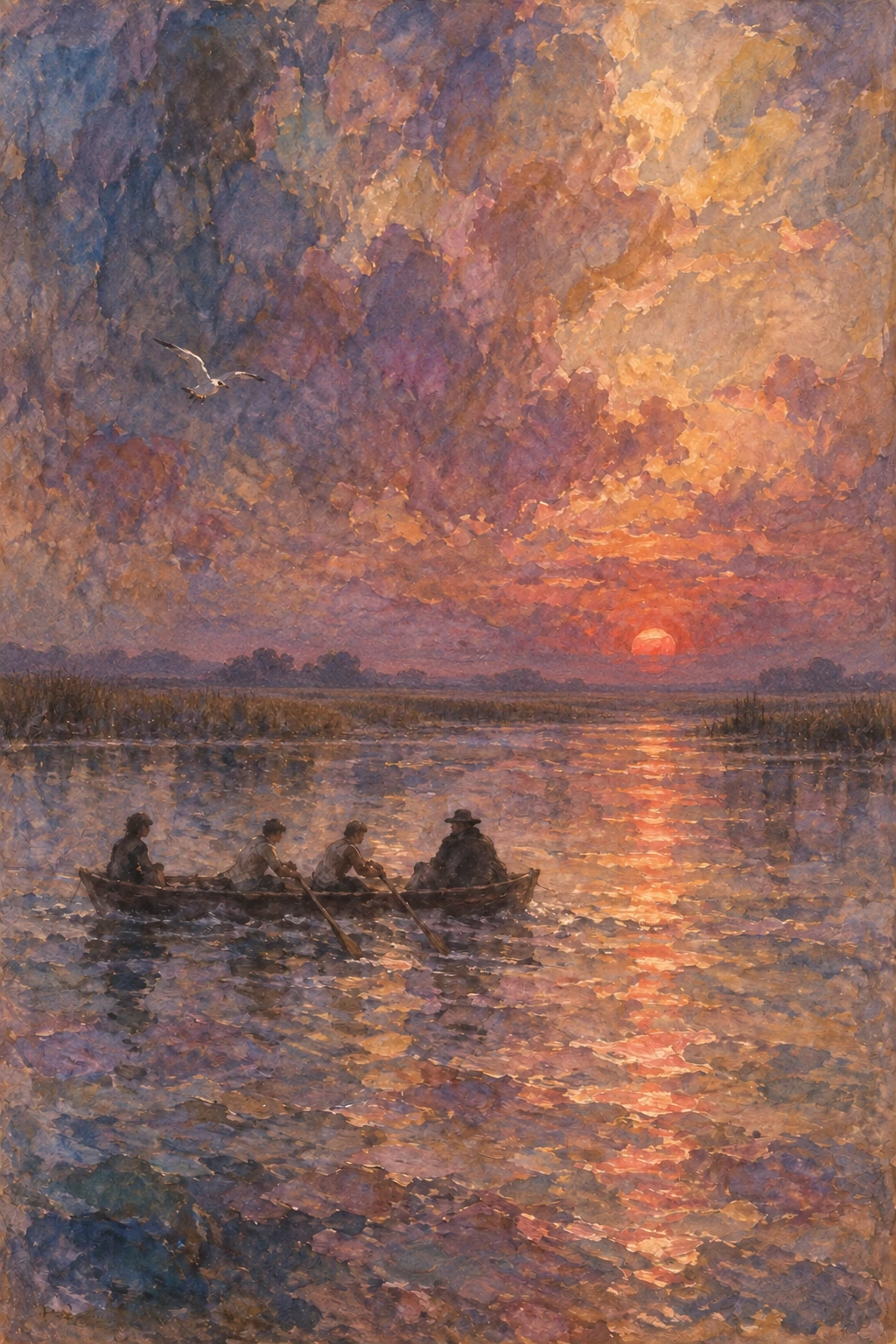 Four men in a small rowing boat on the Thames beneath a red sunset.