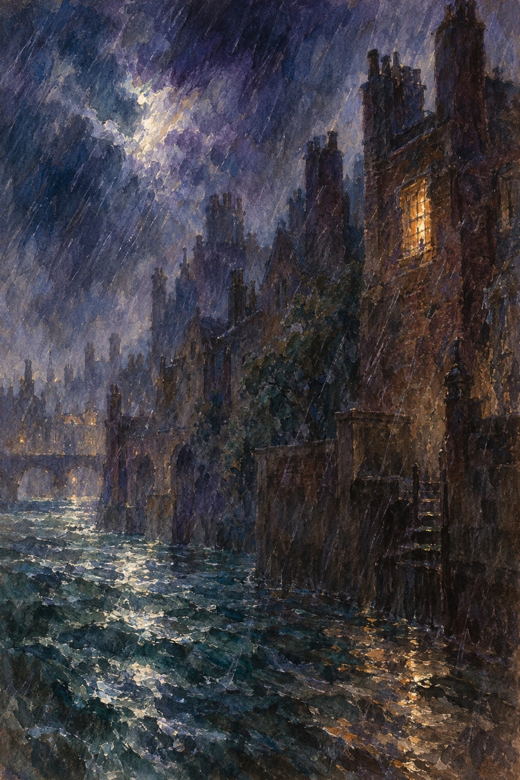 Storm and rain over dark riverside buildings at the Temple.
