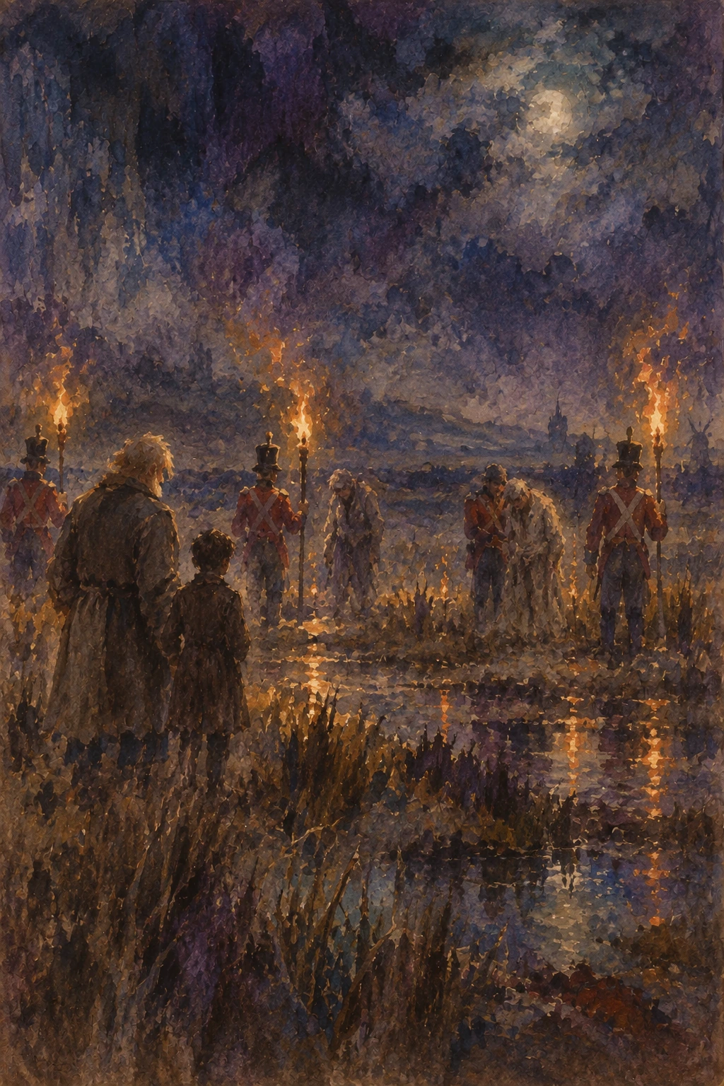 Soldiers and two captives on the marshes, with Joe and Pip in torchlight.