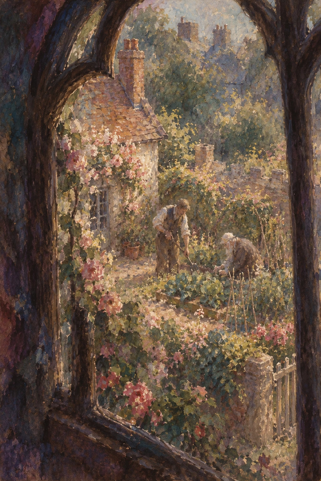 Wemmick and his elderly father gardening, seen through a window.
