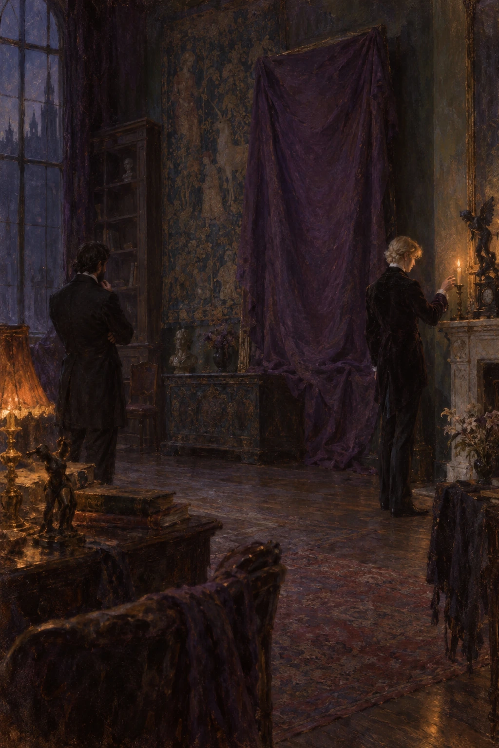 Two men stand in a dusty room beside a purple-covered picture.