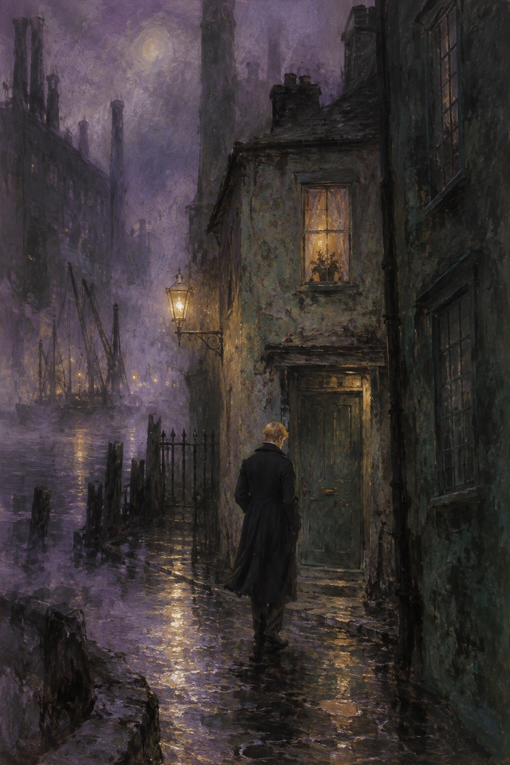 Dorian approaches a dim doorway near the docks.