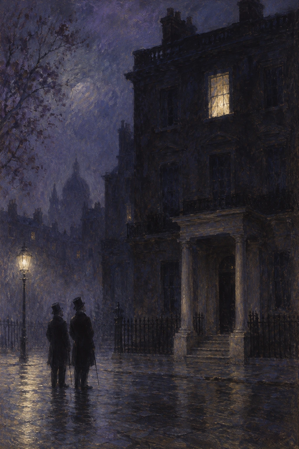 Two men look up towards one illuminated townhouse window.