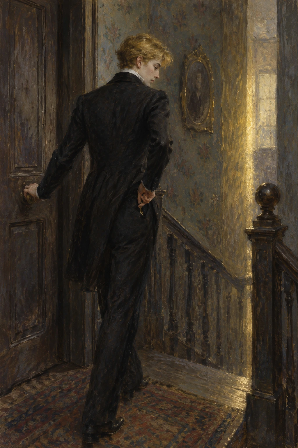 Dorian closes a door on a dim stair landing.