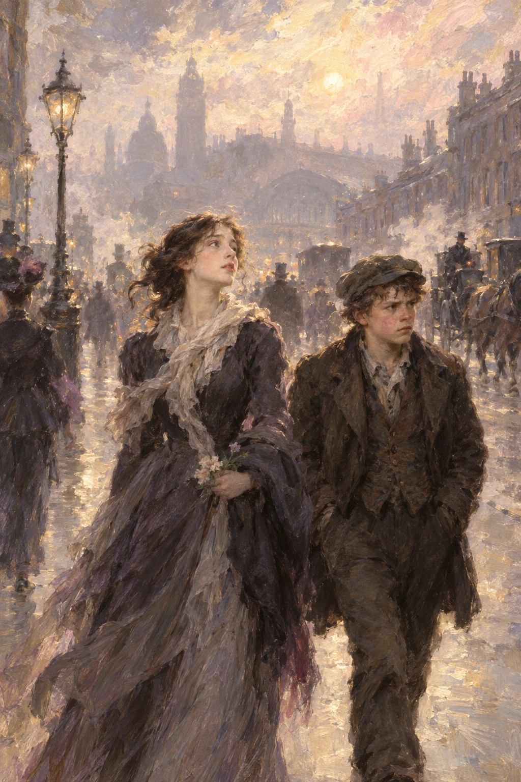 Sibyl and James walk through London with contrasting expressions.