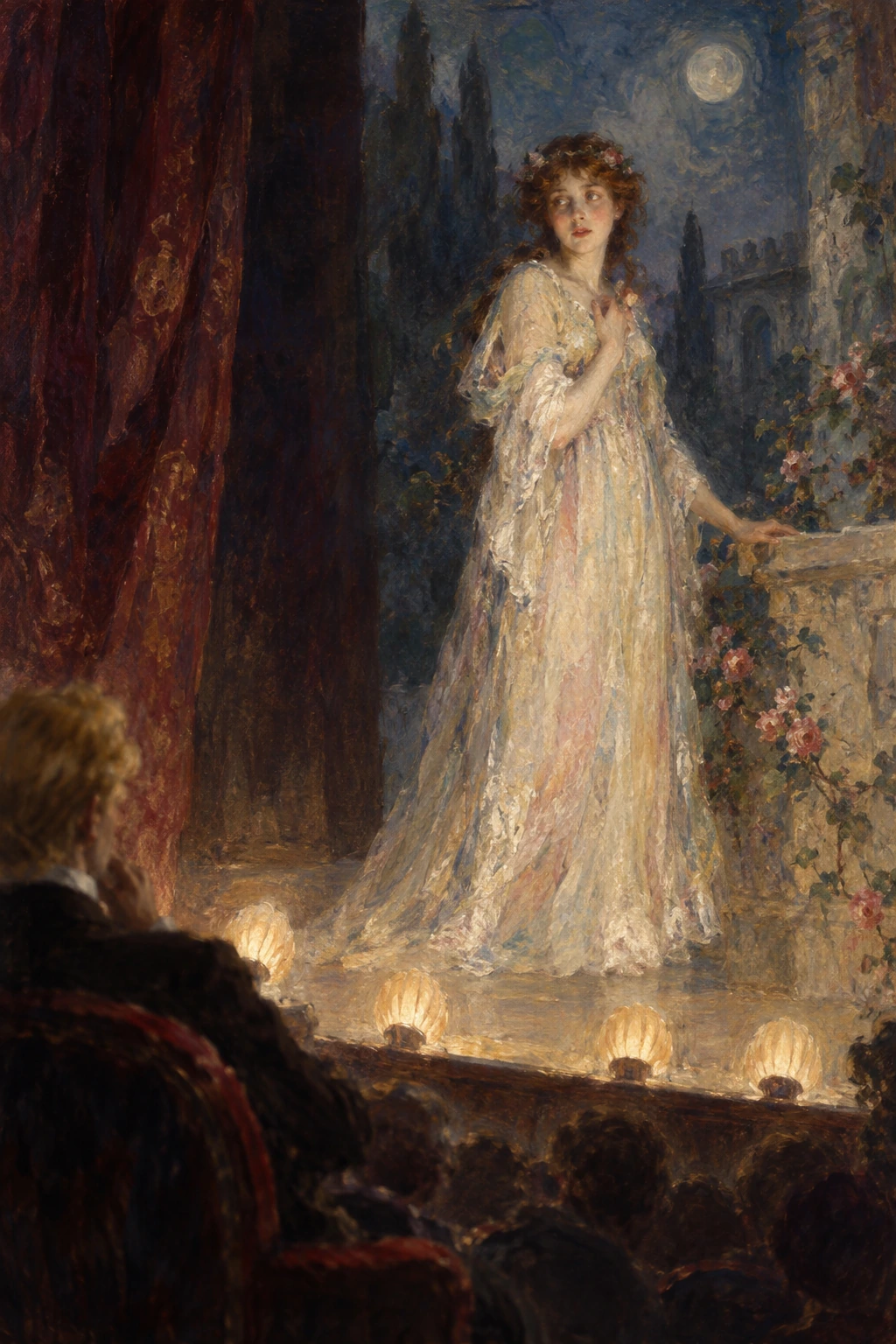 Sibyl stands in pale costume under the theatre footlights.