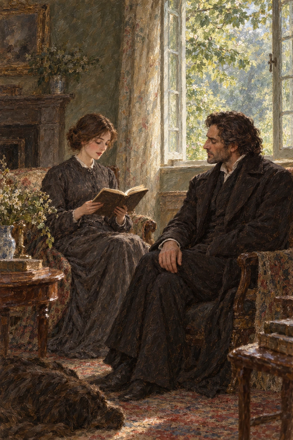 Jane reading aloud beside Rochester in a woodland-lit room.