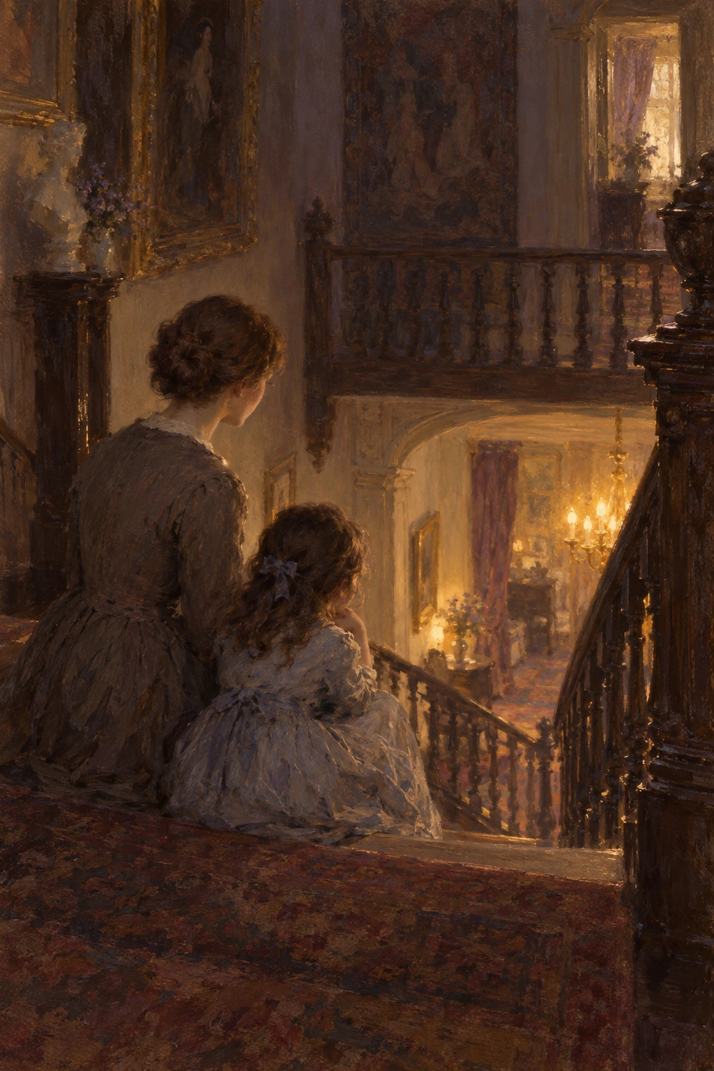 Jane and Adèle sit together on a staircase above a warmly lit hall.