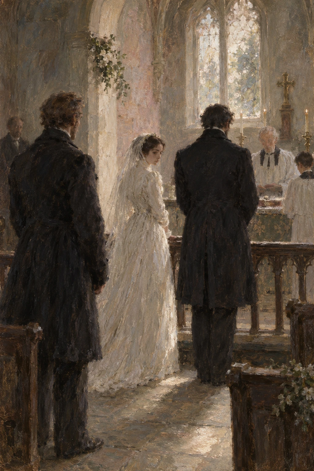 Jane and Rochester stand at the communion rail as a stranger interrupts a small church ceremony.
