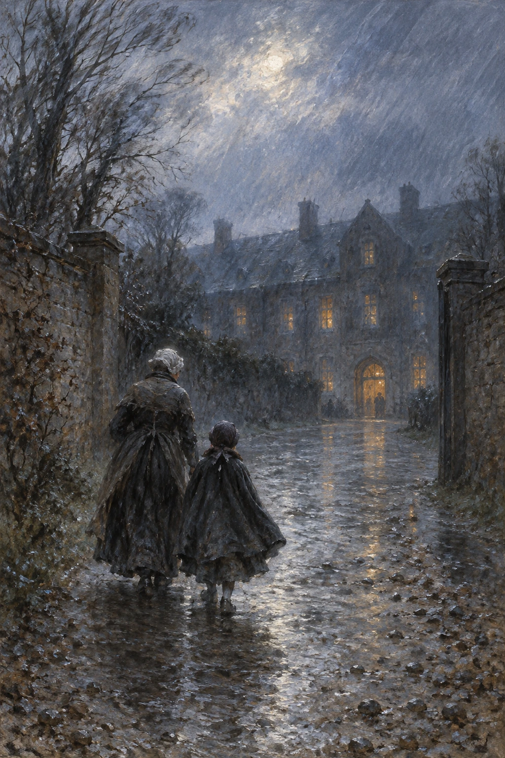A child follows a servant up a wet path towards the lights of a school.