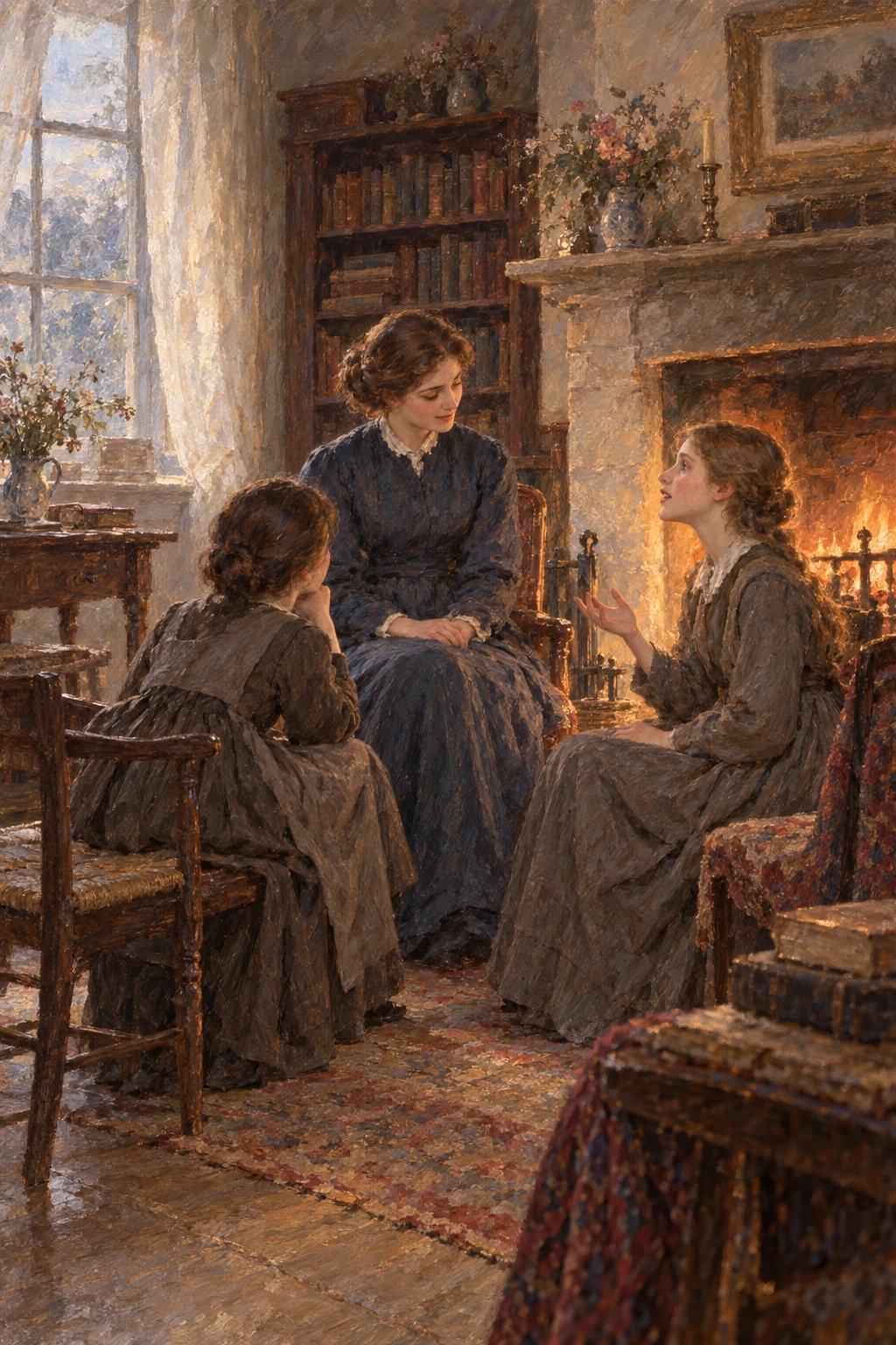 Jane and Helen listening and speaking with Miss Temple beside a glowing hearth.