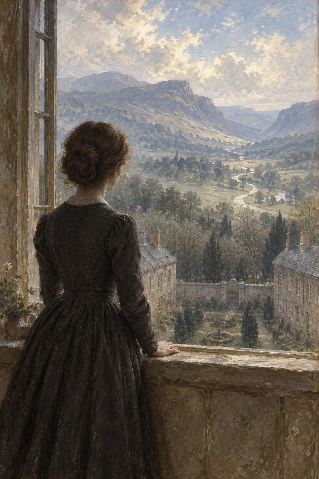 Jane looks out from a school window toward distant blue hills and a winding pale road.