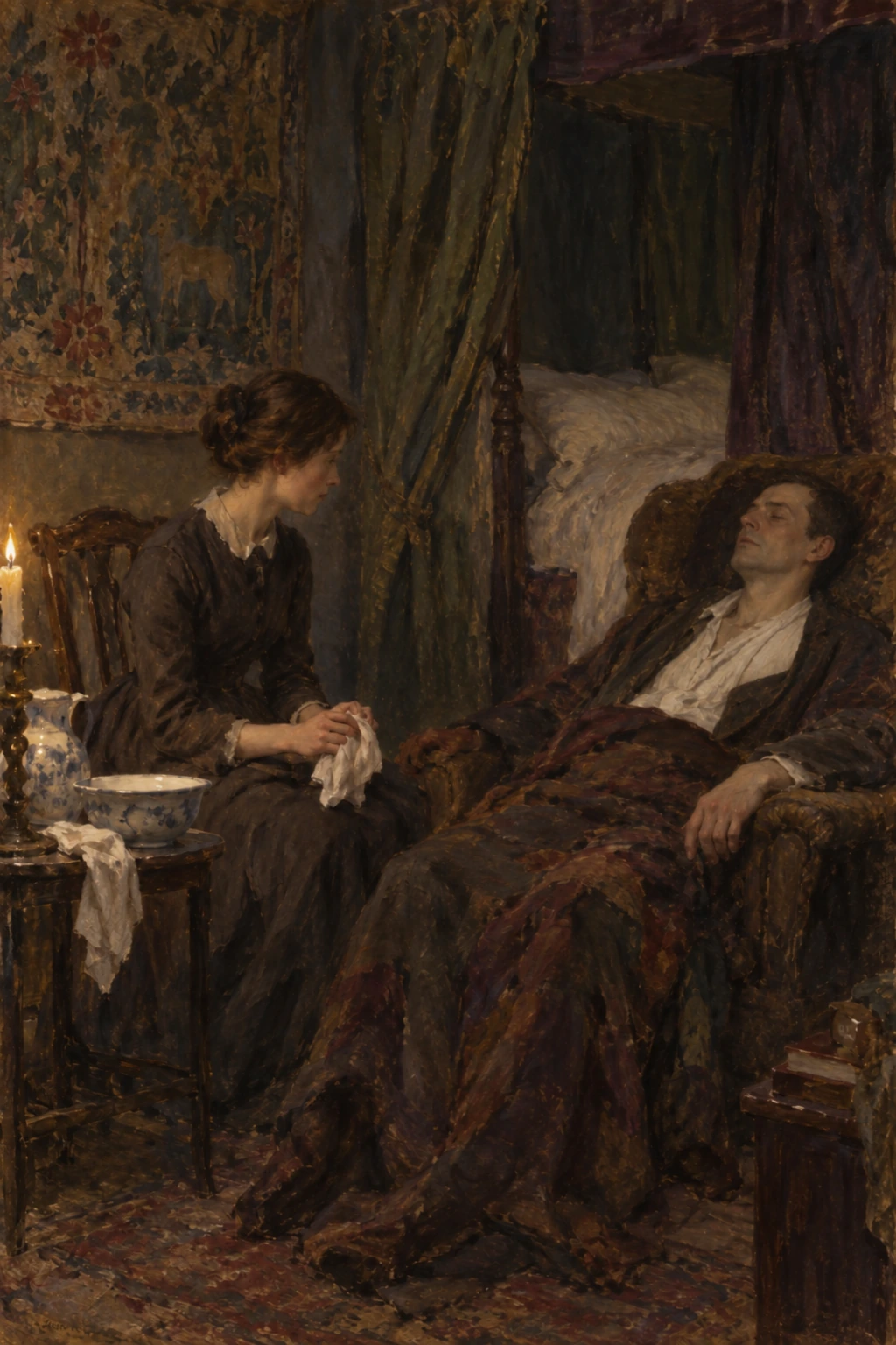 Jane keeps watch over a pale wounded Mason in a candlelit room.