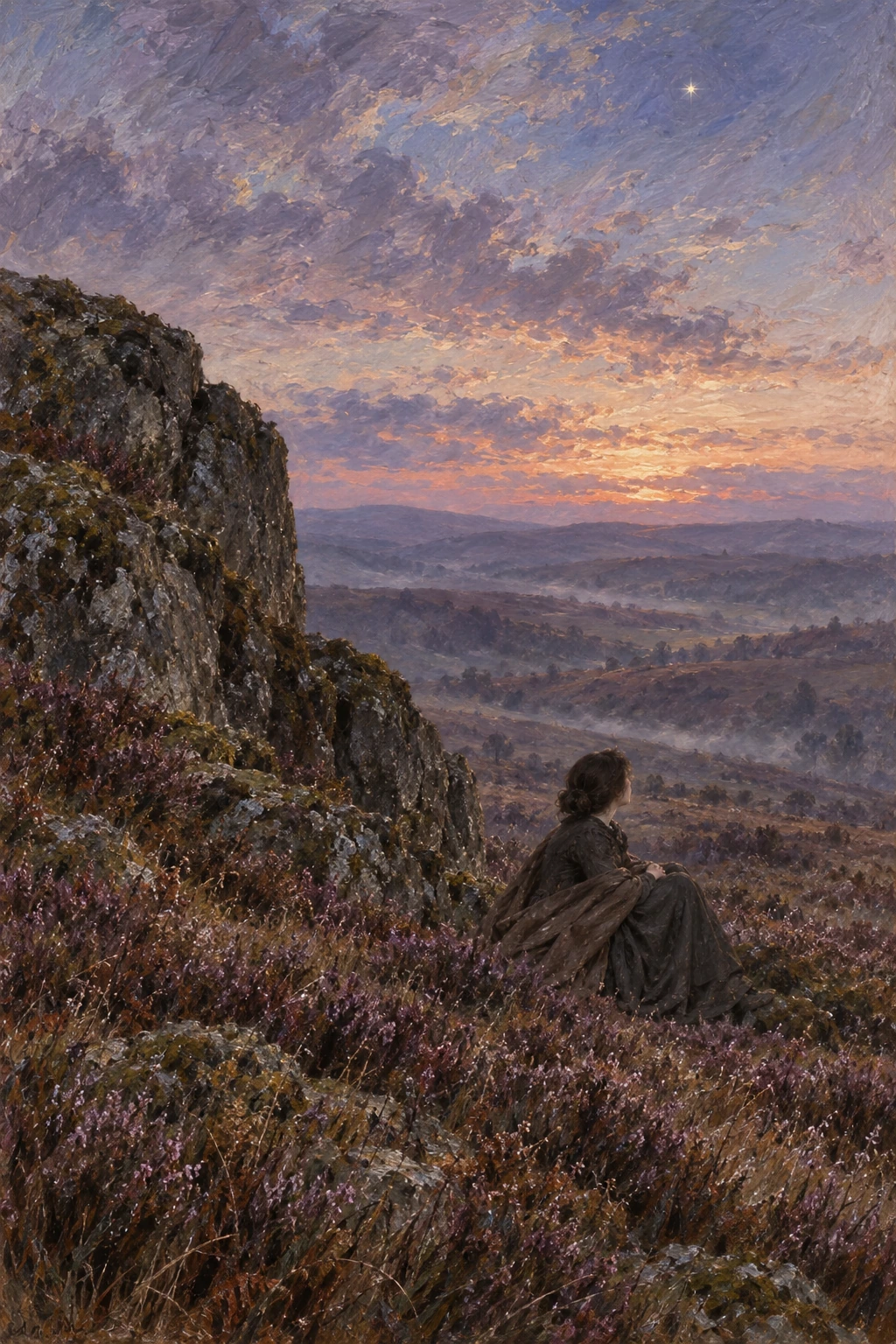 A small solitary Jane sheltering beside a granite crag beneath the evening sky.