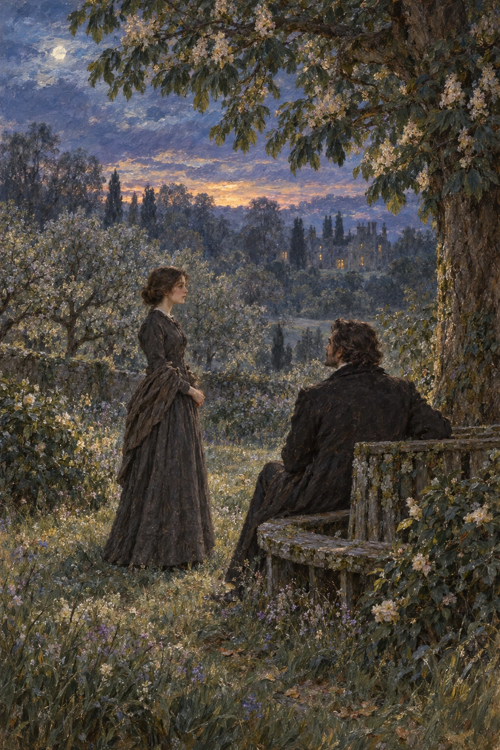 Jane standing with quiet resolve before the seated Rochester in a moonlit orchard.