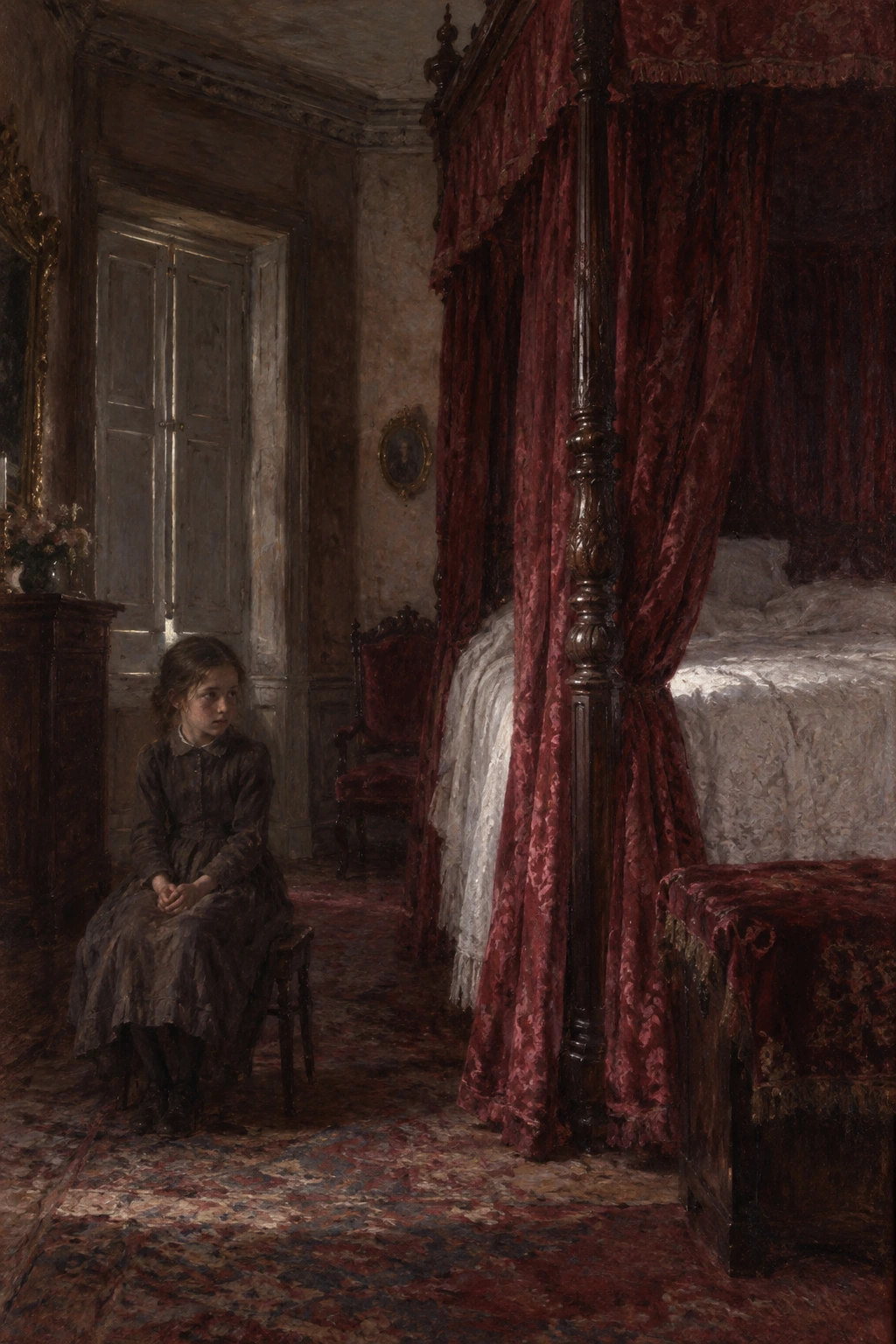 Child Jane sits alone beside the imposing crimson-draped bed in a cold, shadowy room.