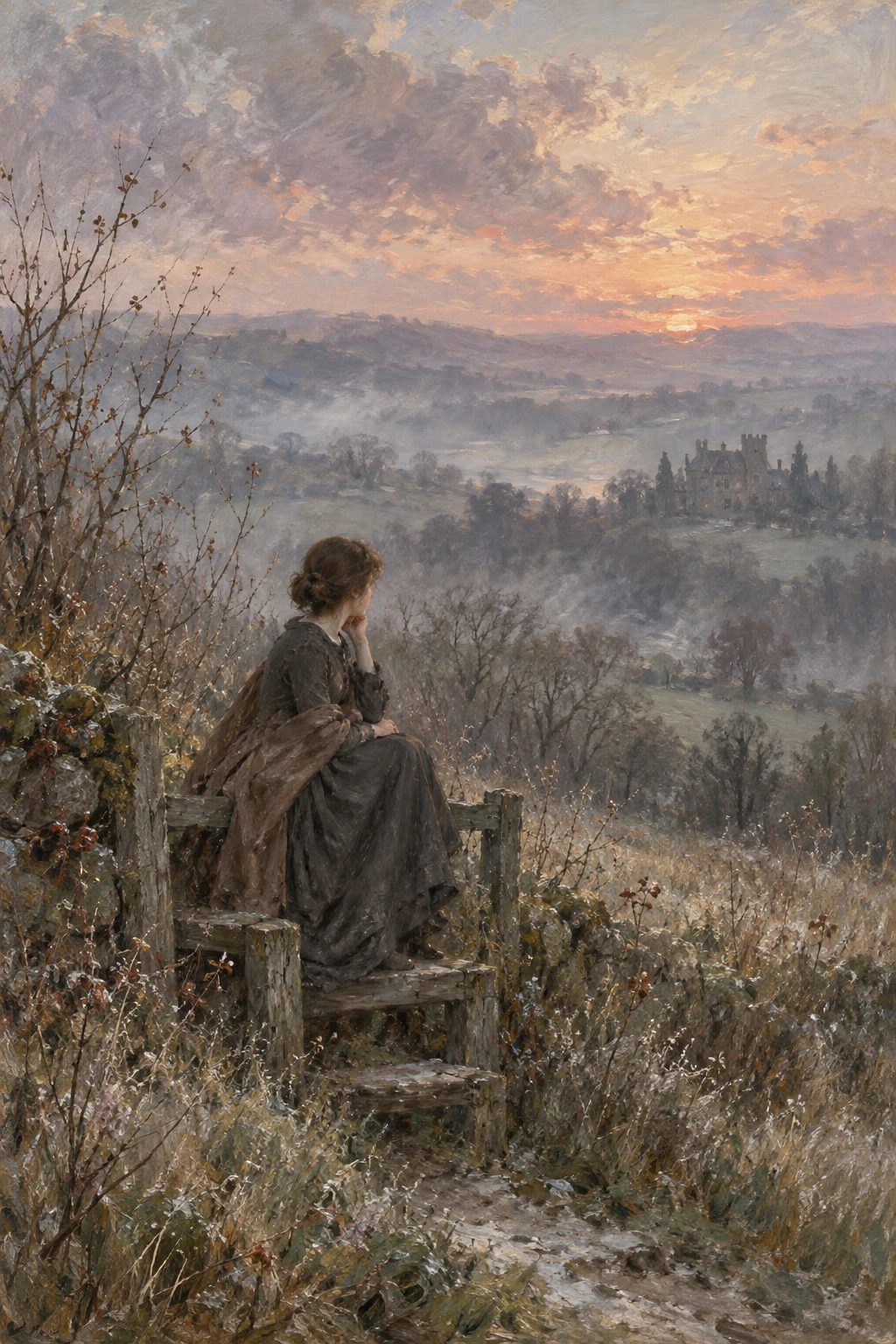 Jane seated on a stile above a misty valley and distant Thornfield.