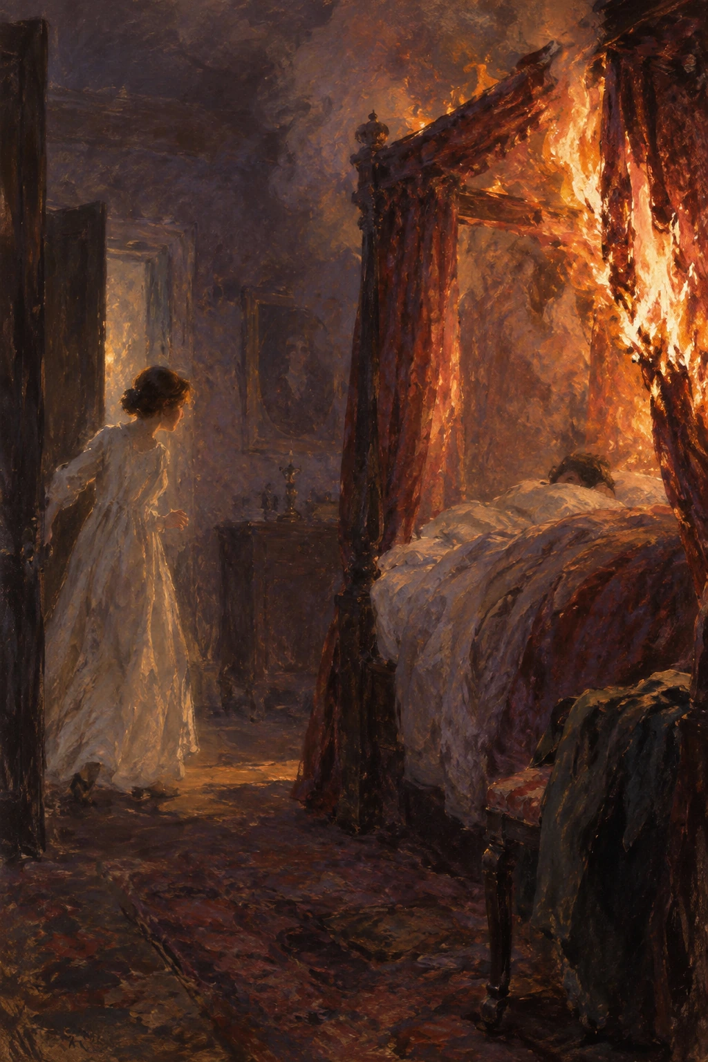 Jane enters a smoky bedchamber where curtains burn around the sleeping Rochester.