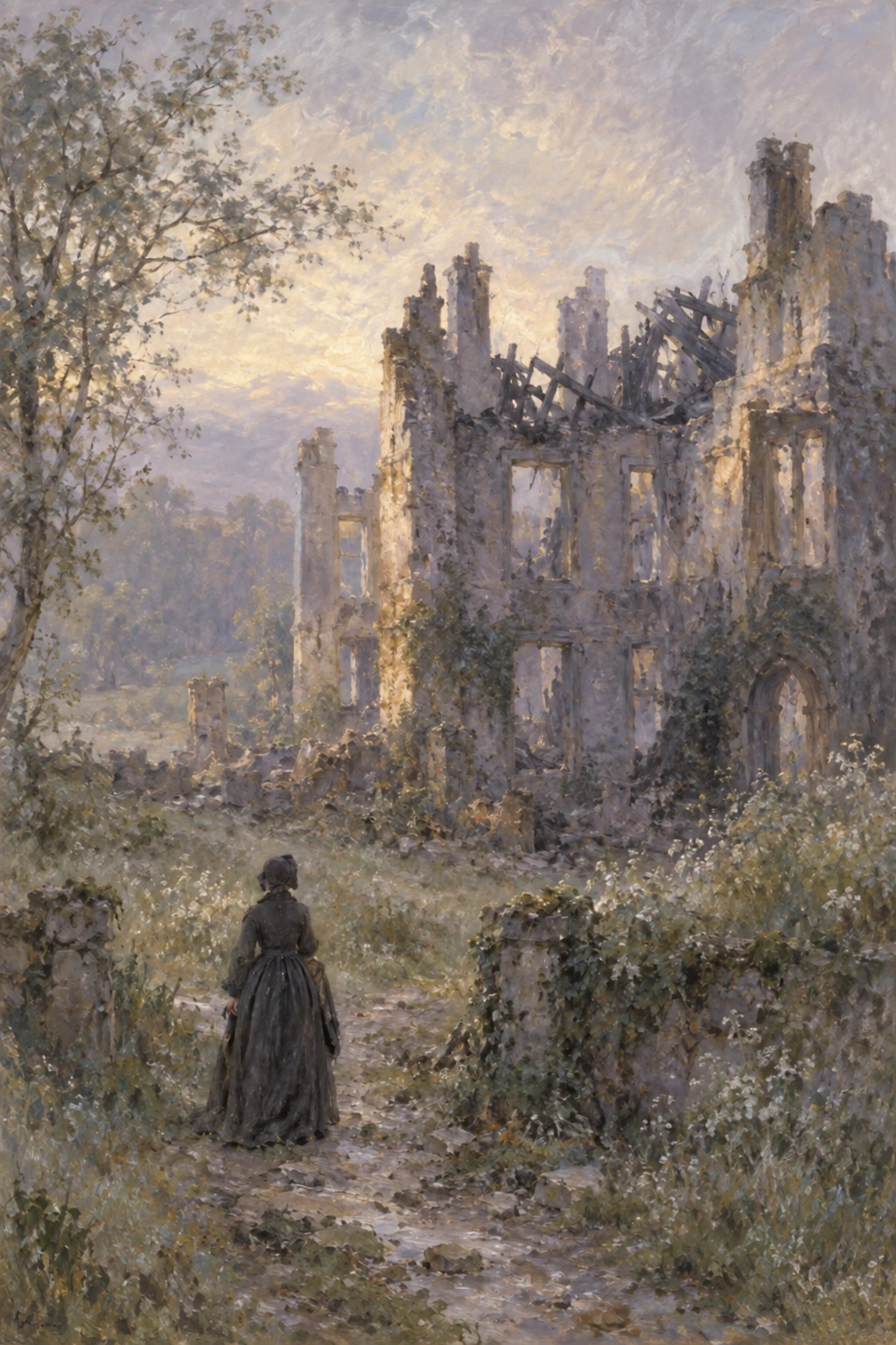 A solitary Jane stands before the roofless, blackened remains of Thornfield.