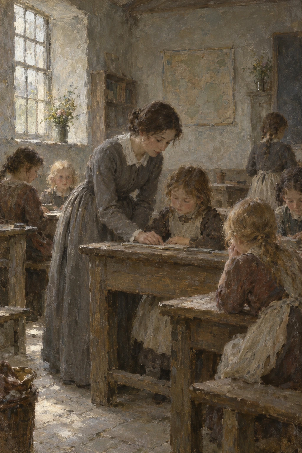 Jane bends to help a girl in a modest classroom with rough wooden benches.