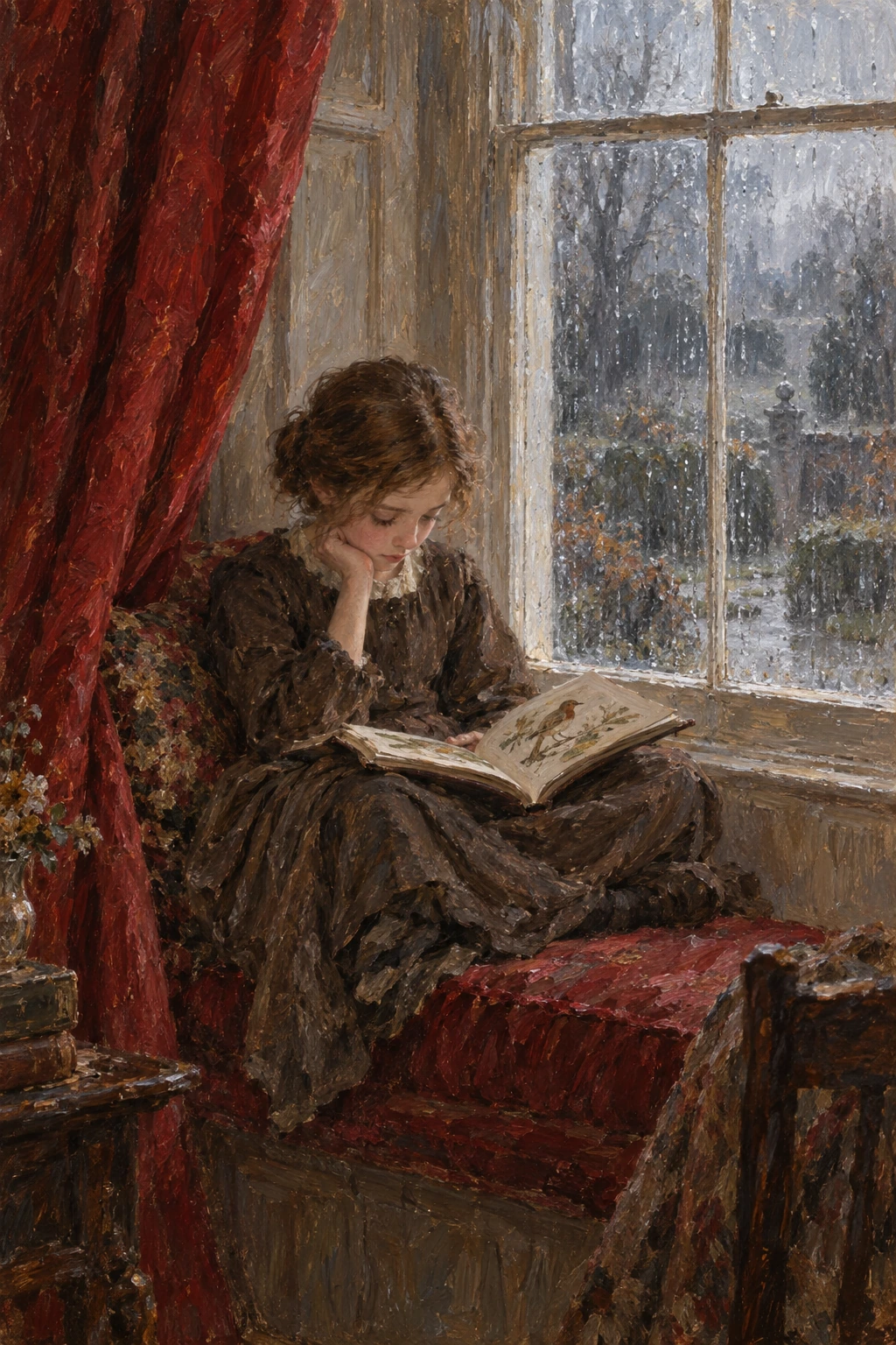 A child reading behind a scarlet curtain in a rain-lit window-seat.