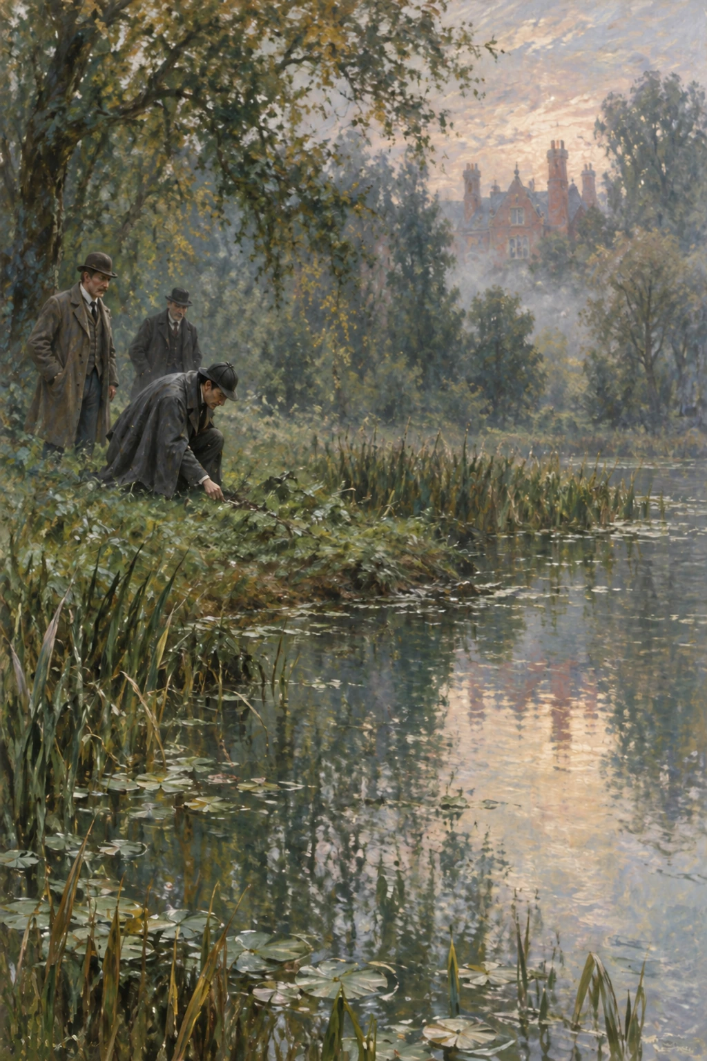Three men examine a reed-fringed pond in soft country light.